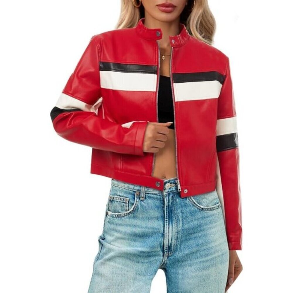 ⭐ Tankaneo Women's Cropped Faux Leather Moto Jacket Color Block Racing Coat